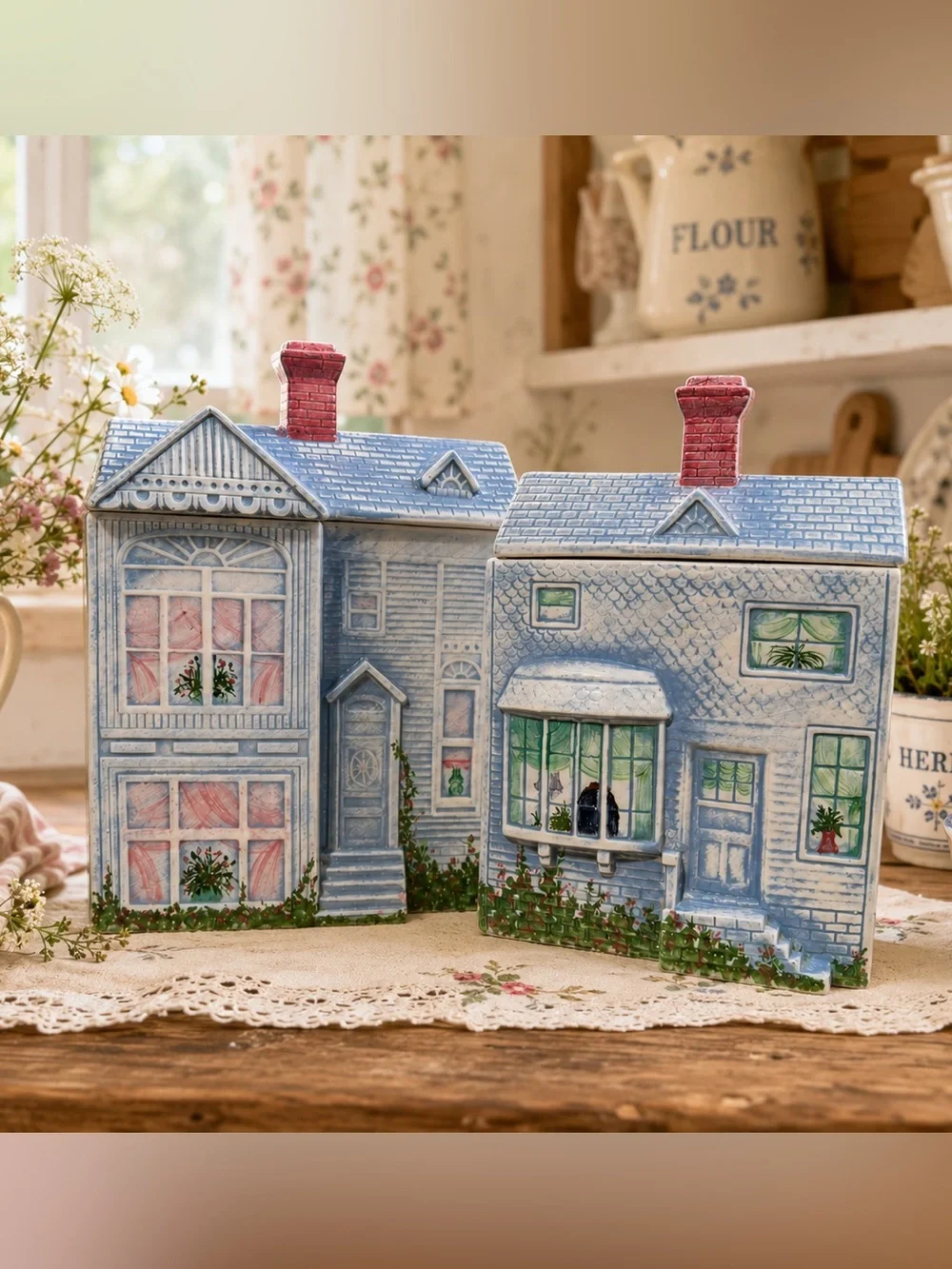 Vintage Ceramic House Canister Set of 2 Blue Cottagecore Kitchen Storage Jars